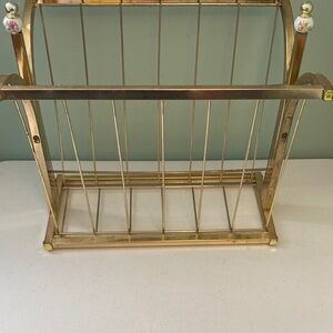 Vintage Gold Tone Metal Magazine Rack with Porcelain Floral Ball